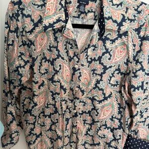 Chaps Navy Paisley Button-Down Shirt with Coral and Cream Details